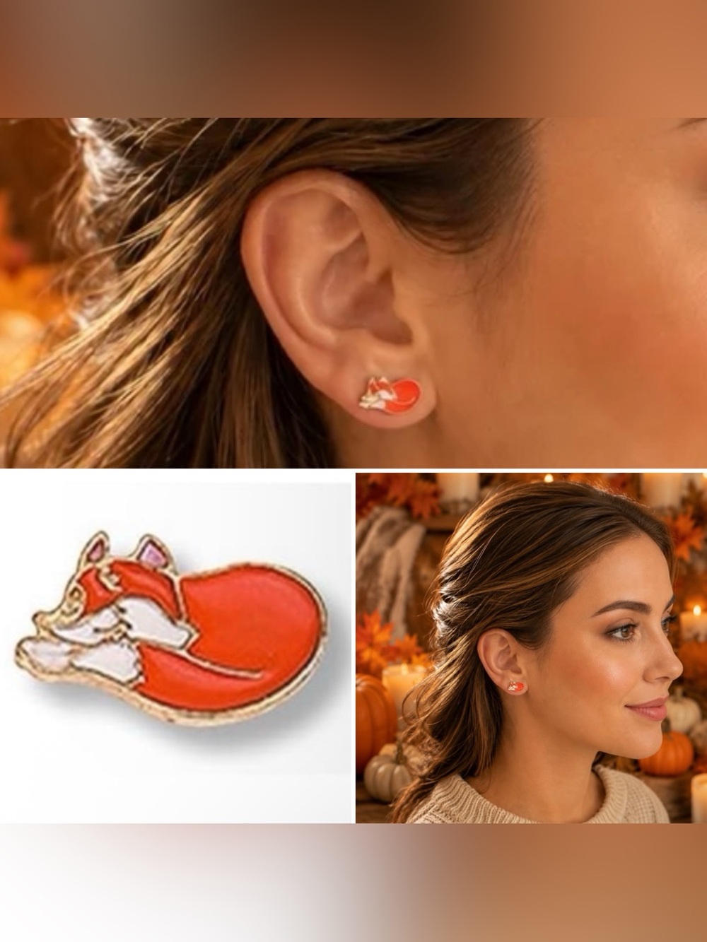 3/$15 Fall Earrings Fox Earrings Golden Metal and Enamel Thanksgiving Earrings